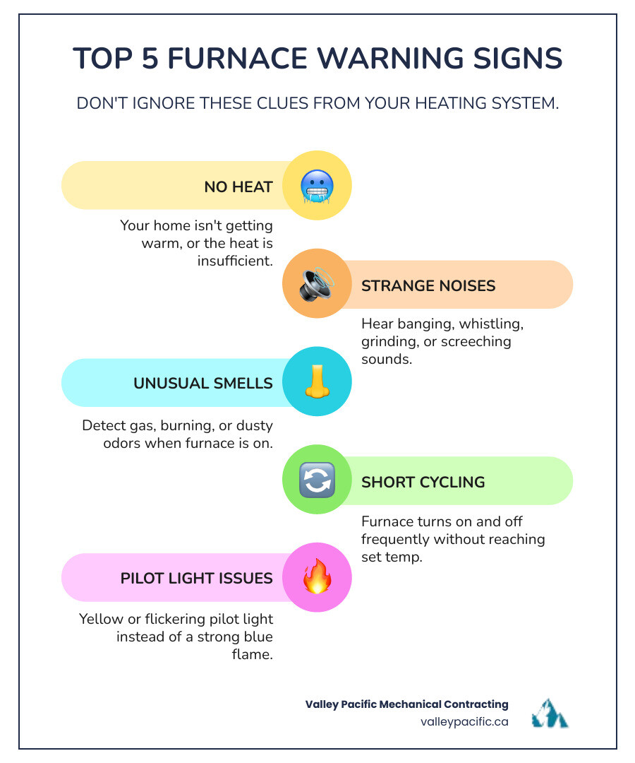 Infographic showing the top 5 warning signs your furnace needs repair: 1. No heat or insufficient warmth with thermostat icon, 2. Strange noises with sound wave icon, 3. Gas or burning smells with nose icon, 4. Pilot light problems with flame icon, 5. Frequent on/off cycling with circular arrow icon - furnace repair in langley, bc infographic infographic-line-5-steps-colors