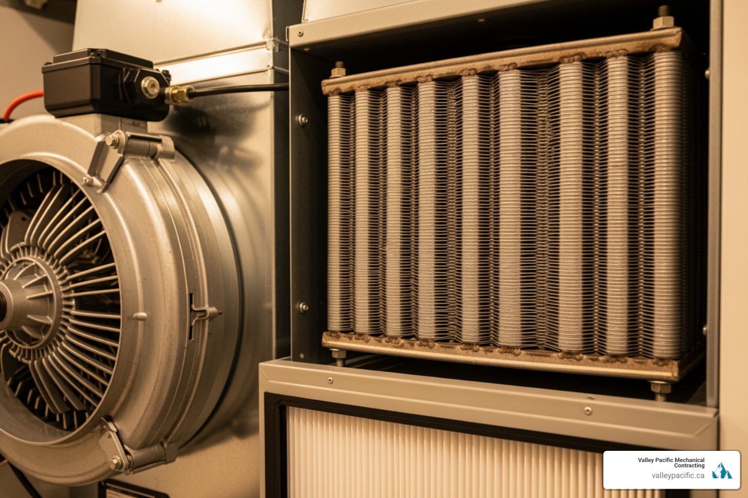 Infographic showing the main components of a home furnace system including the heat exchanger, blower motor, burner assembly, thermostat connection, and air filter, with labels explaining how warm air circulates through your Langley home - furnace repair langley bc