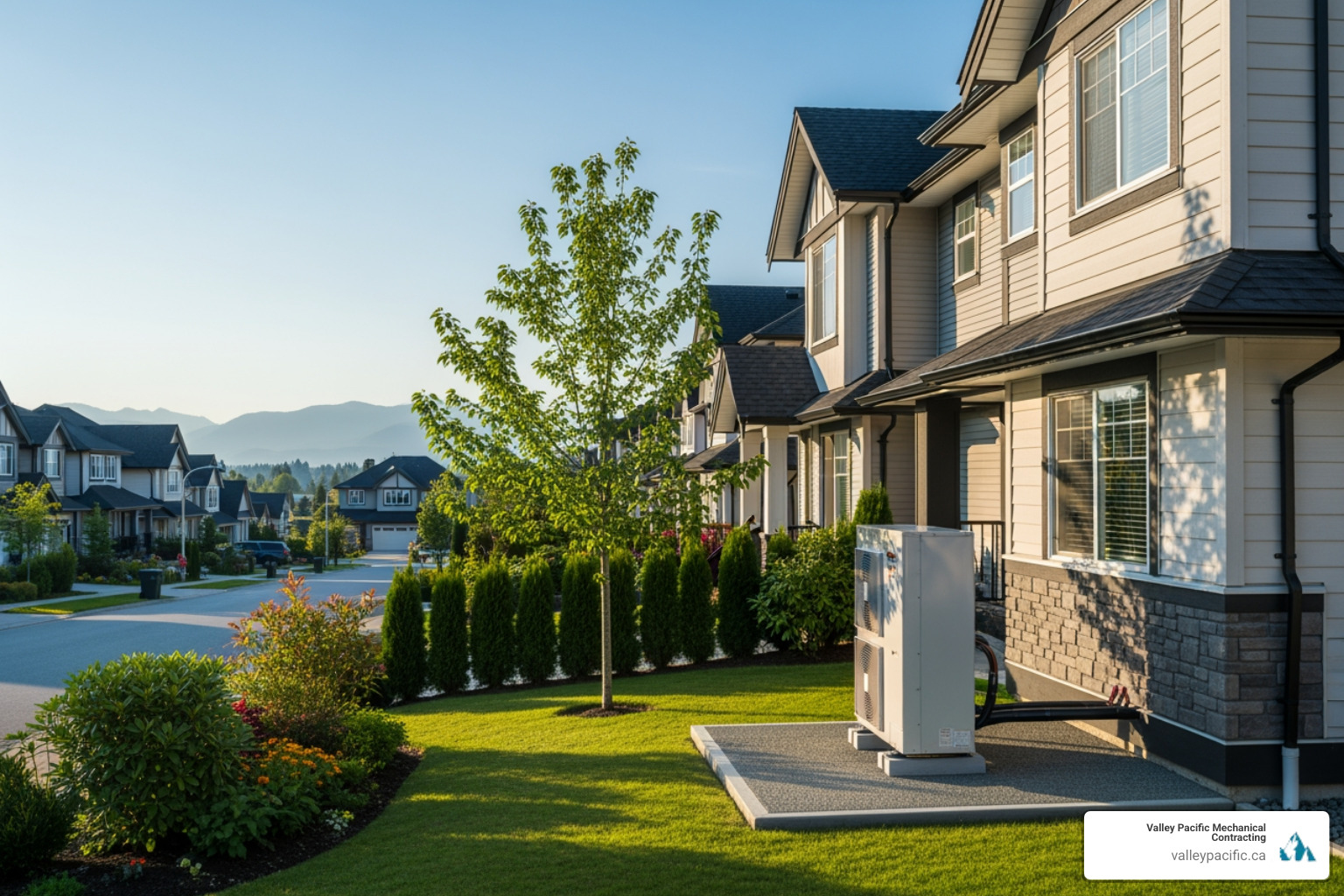 infographic showing how heat pumps provide year-round comfort by transferring heat indoors during winter and removing heat outdoors during summer, with arrows indicating heat flow direction and seasonal temperature ranges for Langley, BC - best heat pump installation in langley, bc