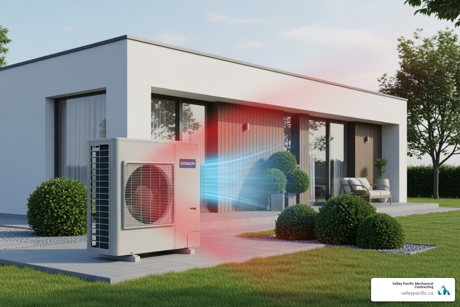 Infographic showing how heat pumps move heat from outdoor air into your home during winter and reverse the process in summer, with arrows indicating heat transfer, energy efficiency ratings (SEER/HSPF), and cost savings compared to traditional heating systems - heat pump installation langley bc