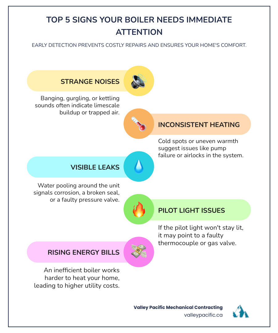 Infographic showing the top 5 signs your boiler needs immediate attention: 1. Strange noises like banging or kettling indicate limescale buildup or trapped air, 2. Inconsistent heating or cold spots suggest pump failure or airlocks, 3. Visible leaks or water pooling around the unit signal corrosion or broken seals, 4. Pilot light won't stay lit points to thermocouple or gas valve issues, 5. Rising energy bills mean your system is losing efficiency and working harder than necessary - boiler repair maple ridge bc infographic infographic-line-5-steps-colors