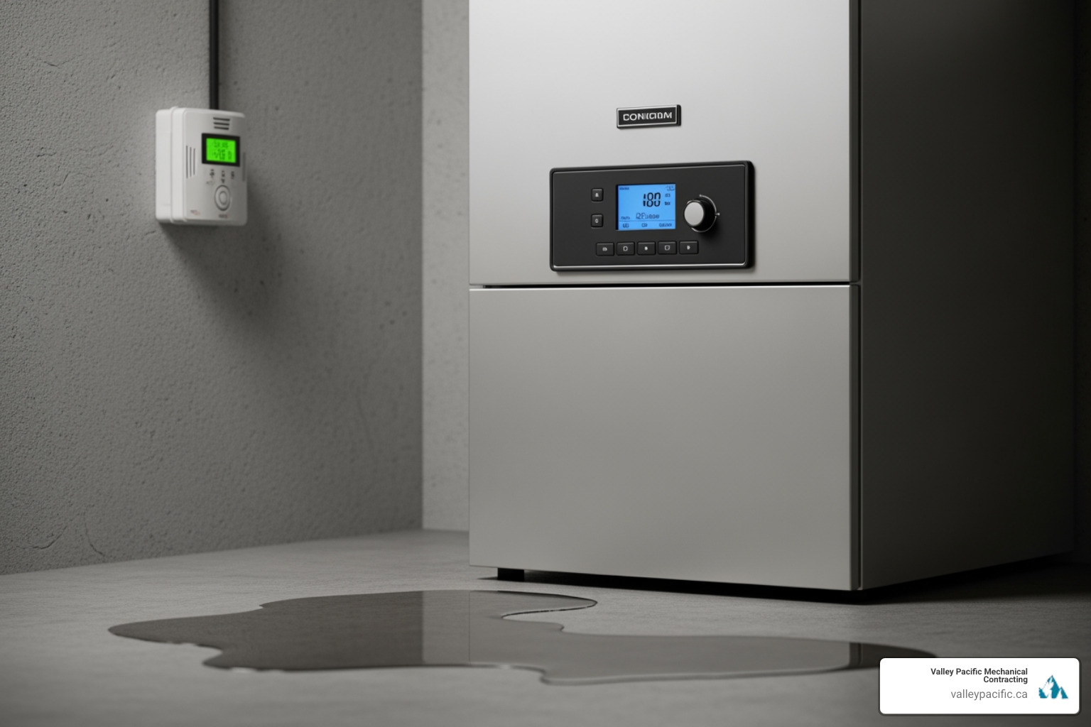 Infographic showing the five critical boiler emergency signs: no heat production, visible water leaks, strong gas odor, loud banging or whistling noises, and carbon monoxide detector activation, with corresponding immediate actions for each - emergency boiler repair in maple ridge, bc