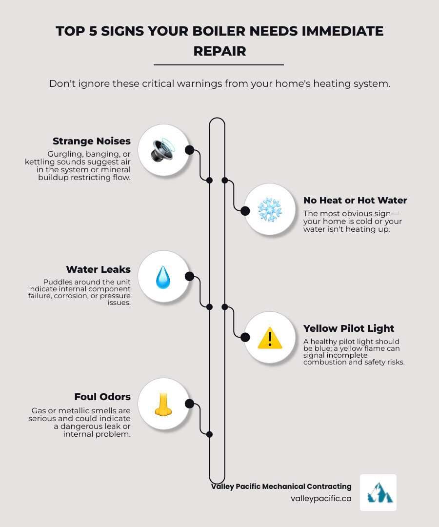 Infographic showing five critical boiler warning signs: strange noises like banging or gurgling, no heat or inconsistent heating, visible water leaks around the unit, yellow pilot light flame instead of blue, and unusual gas or metallic odors - boiler repair company in pitt meadows, bc infographic infographic-line-5-steps-elegant_beige