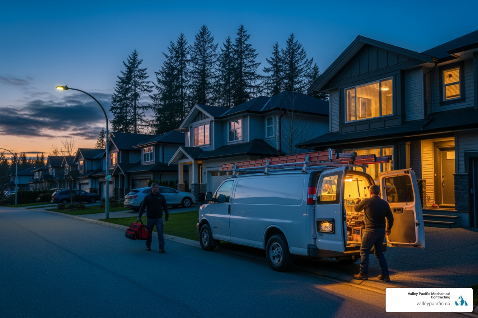 Infographic showing emergency boiler replacement decision tree: check for complete heating failure, visible water leaks, strange noises or smells, boiler age over 15 years, and frequent recent repairs - if any apply, call 24-hour emergency service immediately - 24 hour boiler installation in langley, bc