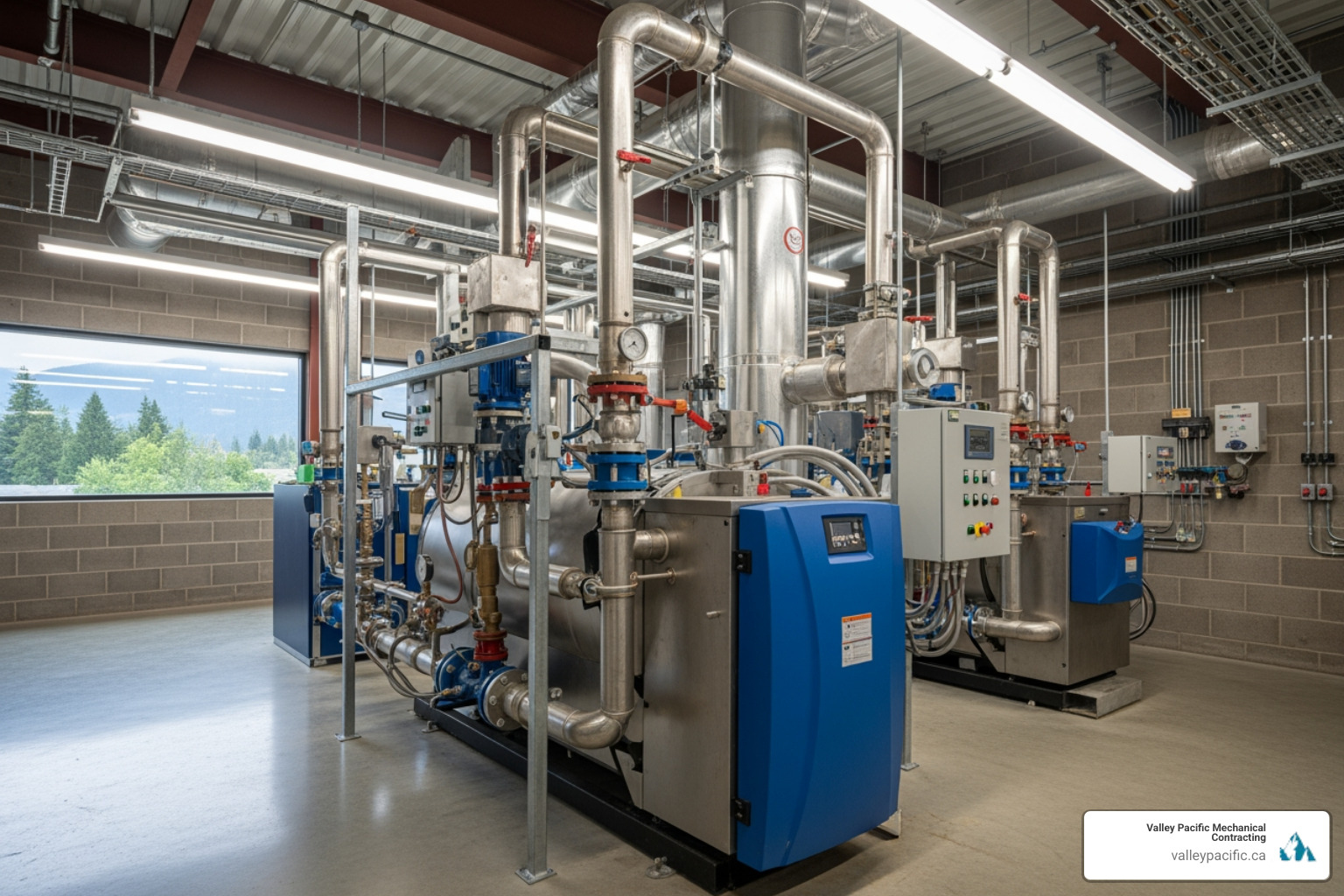 Infographic showing commercial boiler installation benefits: 15-20 year system lifespan, high energy efficiency ratings, consistent even heating, improved indoor air quality, quiet operation, reduced greenhouse gas emissions, and compliance with Technical Safety BC standards - commercial boiler installation in pitt meadows, bc