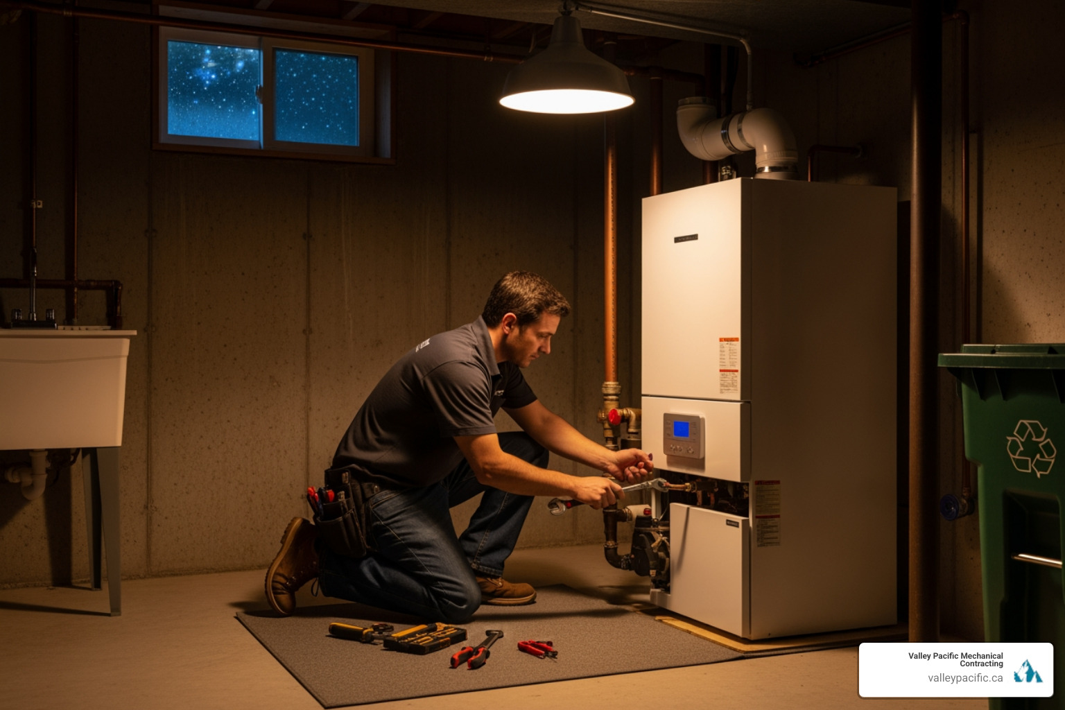 Infographic showing five critical signs your boiler needs immediate replacement: complete system failure with no heat, major water leak or pooling, smell of gas near the unit, carbon monoxide detector alarm sounding, and visible rust or corrosion on the boiler body - 24 hour boiler installation in maple ridge, bc