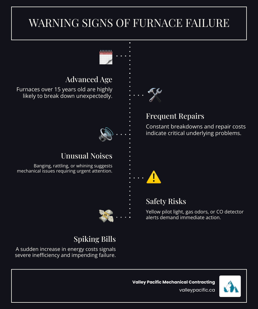 infographic showing four warning signs of complete furnace failure: furnace age over 15 years with a calendar icon, frequent repair bills with a wrench and dollar sign, strange noises like banging or rattling with a sound wave symbol, and yellow pilot light or gas smell with a flame icon - 24 hour furnace installation in pitt meadows, bc infographic infographic-line-5-steps-dark