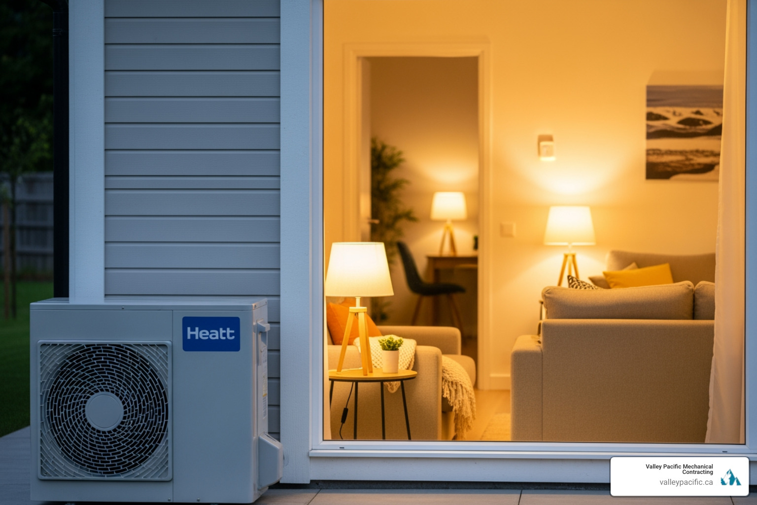 infographic showing heat pump function in both heating and cooling modes with arrows indicating heat transfer direction, outdoor and indoor units labeled, and seasonal operation explained simply - 24 hour heat pump service in langley, bc