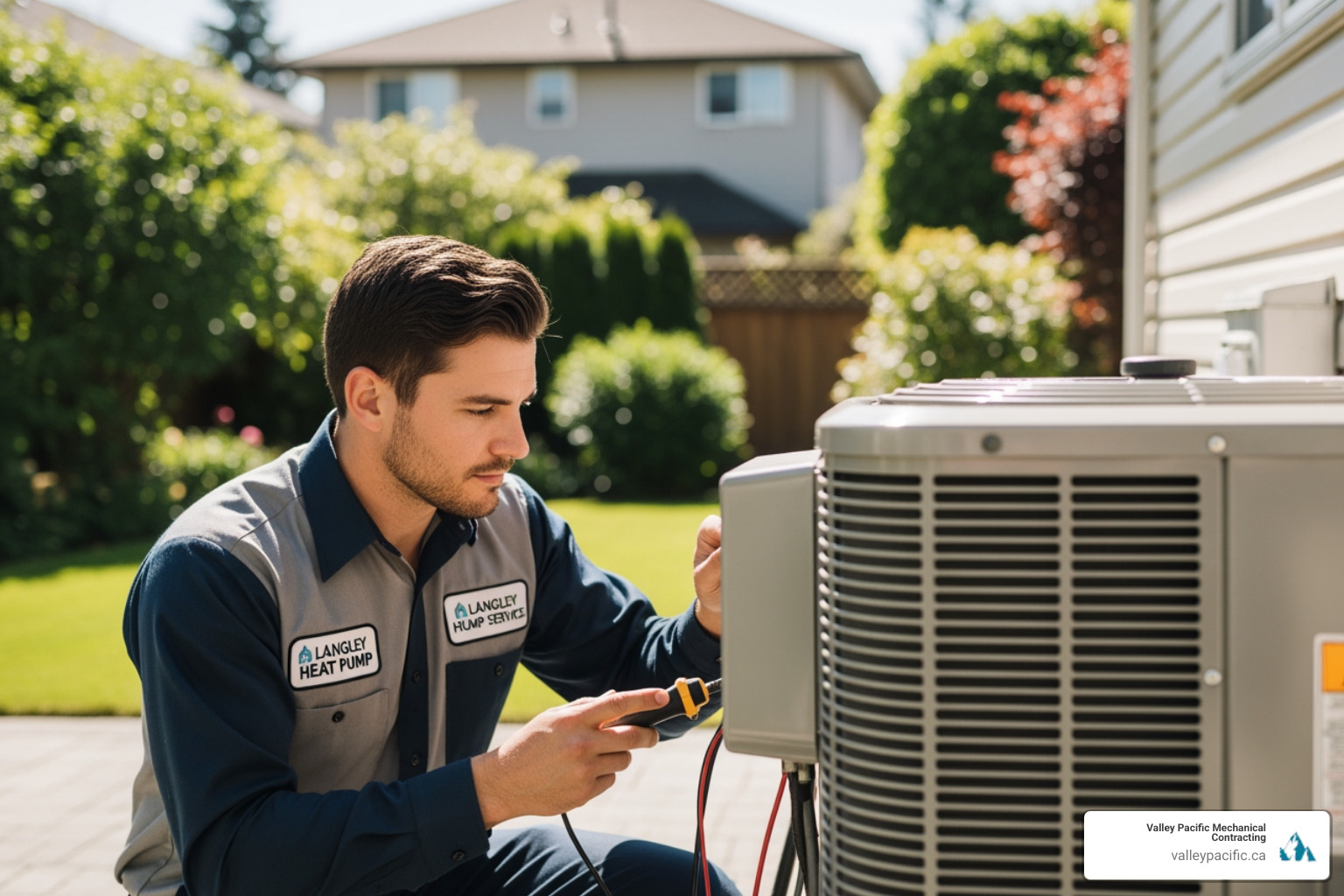 infographic showing how heat pumps transfer heat between indoor and outdoor air for both heating and cooling, with arrows indicating heat flow direction in winter and summer modes, energy efficiency ratings, and cost savings compared to traditional systems - best heat pump service in langley, bc