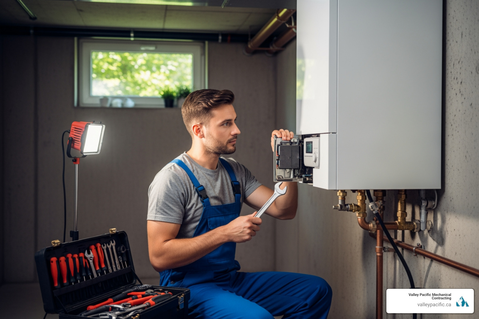 Infographic showing 5 key signs your boiler needs repair in Maple Ridge: 1. No heat or hot water production, 2. Strange noises like banging or whistling, 3. Water leaks around the unit, 4. Low pressure gauge readings, 5. Unusual smells or pilot light problems, with icons for each sign and when to call a professional - affordable boiler repair in maple ridge, bc