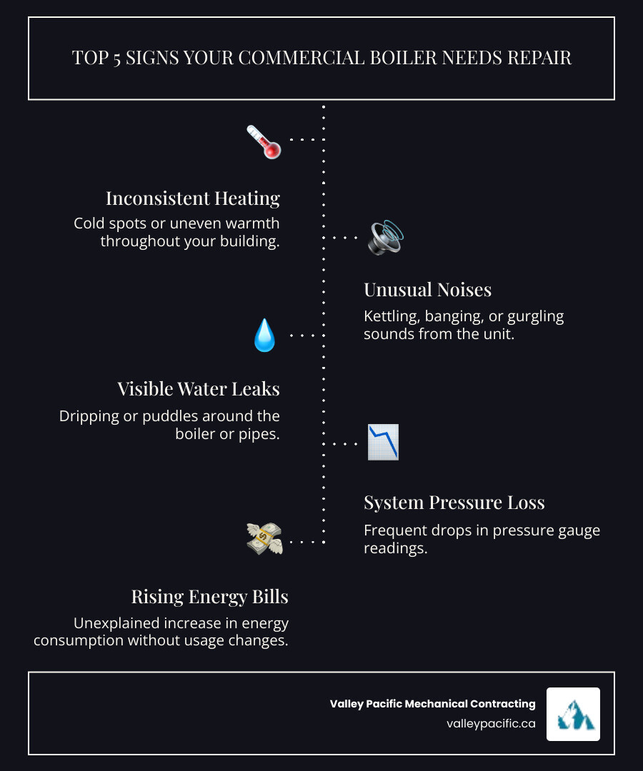 Infographic showing the top 5 signs a commercial boiler needs repair: 1) Inconsistent heating or cold spots throughout the building, 2) Unusual noises like kettling, banging, or gurgling sounds, 3) Visible water leaks or dripping around the unit, 4) Loss of system pressure or frequent pressure drops, 5) Rising energy bills without increased usage - commercial boiler repair in pitt meadows, bc infographic infographic-line-5-steps-dark Infographic showing the top 5 signs a commercial boiler needs repair: 1) Inconsistent heating or cold spots throughout the building, 2) Unusual noises like kettling, banging, or gurgling sounds, 3) Visible water leaks or dripping around the unit, 4) Loss of system pressure or frequent pressure drops, 5) Rising energy bills without increased usage - commercial boiler repair in pitt meadows, bc infographic infographic-line-5-steps-dark