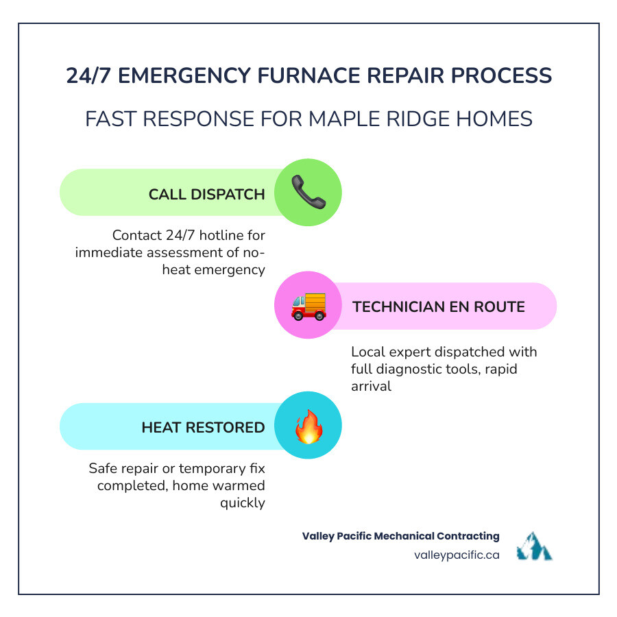 Infographic showing 24/7 emergency furnace repair process steps for Maple Ridge homeowners - "Top-rated furnace repair