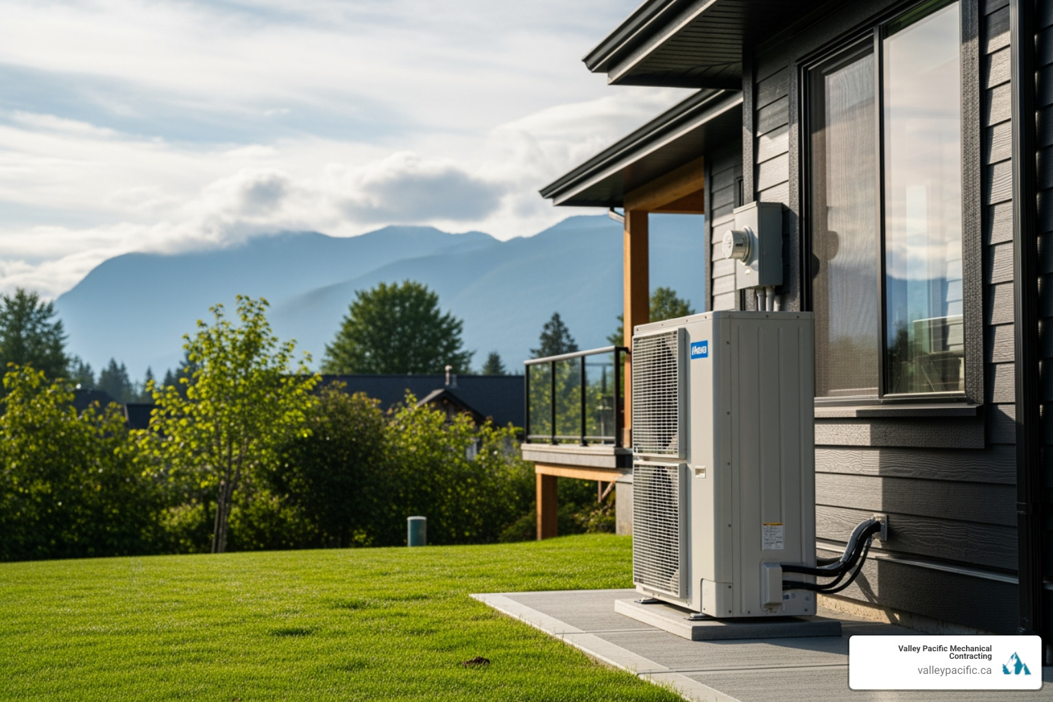 modern, clean heat pump installation on the side of a beautiful Pitt Meadows home - best heat pump installation in pitt meadows, bc modern, clean heat pump installation on the side of a beautiful Pitt Meadows home - best heat pump installation in pitt meadows, bc