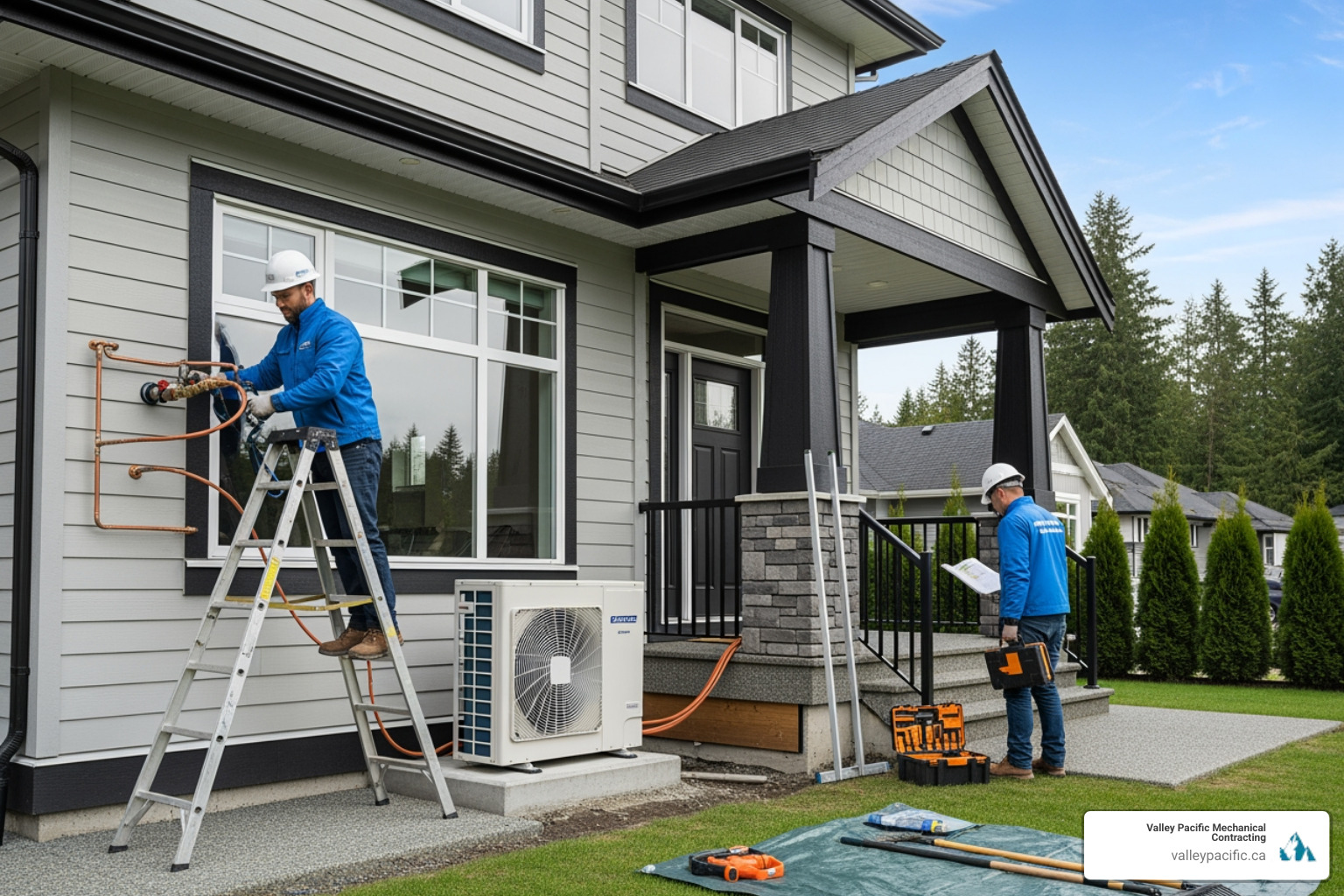 Infographic showing the complete heat pump installation process from initial home assessment and system sizing through permit acquisition, professional mounting and refrigerant handling, to final commissioning tests and warranty registration, with checkmarks for each critical step - best heat pump installation in pitt meadows, bc Infographic showing the complete heat pump installation process from initial home assessment and system sizing through permit acquisition, professional mounting and refrigerant handling, to final commissioning tests and warranty registration, with checkmarks for each critical step - best heat pump installation in pitt meadows, bc