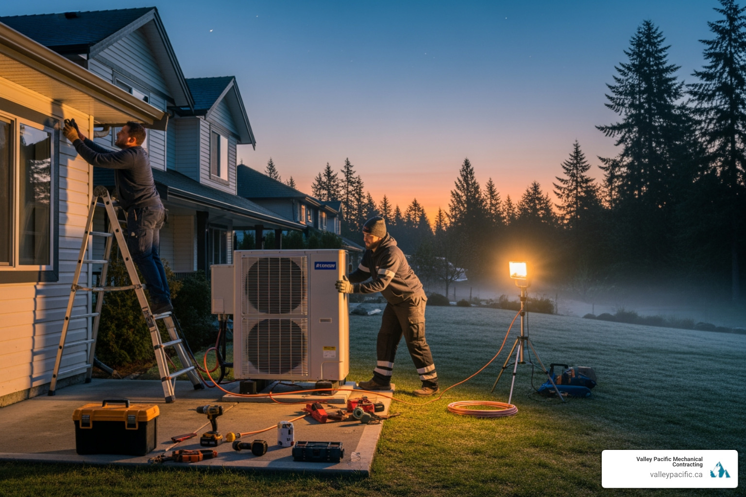 Infographic showing emergency heat pump installation process: Step 1 - System fails and homeowner calls 24/7 provider, Step 2 - Technician assesses home and recommends proper heat pump size, Step 3 - Old system removed and new heat pump installed, Step 4 - System tested and homeowner receives walkthrough, Step 5 - Home comfort restored with heating and cooling capability - 24 hour heat pump installation in langley, bc Infographic showing emergency heat pump installation process: Step 1 - System fails and homeowner calls 24/7 provider, Step 2 - Technician assesses home and recommends proper heat pump size, Step 3 - Old system removed and new heat pump installed, Step 4 - System tested and homeowner receives walkthrough, Step 5 - Home comfort restored with heating and cooling capability - 24 hour heat pump installation in langley, bc