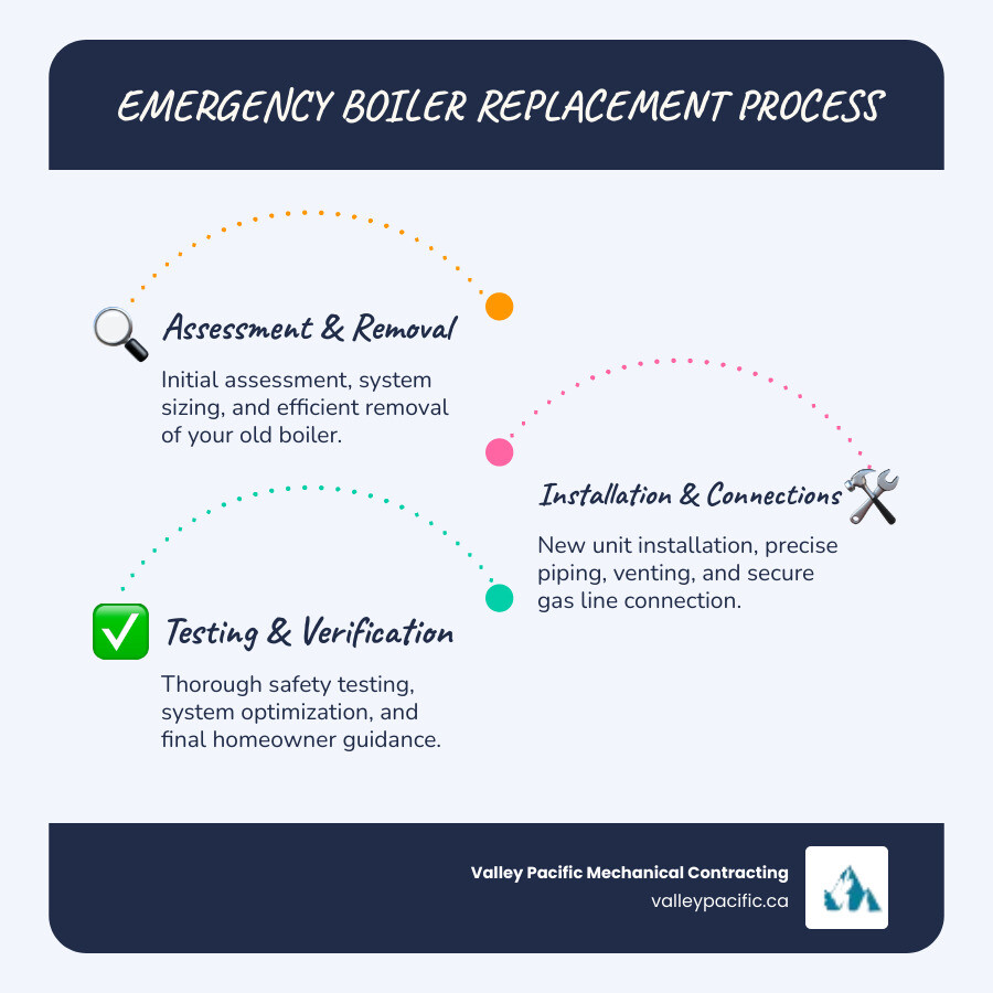 Emergency boiler installation process infographic showing five key steps: initial assessment and system sizing, old boiler removal and disposal, new unit installation with piping and venting, gas line connection and safety testing, and final system verification with homeowner guidance - emergency boiler installation in pitt meadows, bc infographic infographic-line-3-steps-blues-accent_colors Emergency boiler installation process infographic showing five key steps: initial assessment and system sizing, old boiler removal and disposal, new unit installation with piping and venting, gas line connection and safety testing, and final system verification with homeowner guidance - emergency boiler installation in pitt meadows, bc infographic infographic-line-3-steps-blues-accent_colors