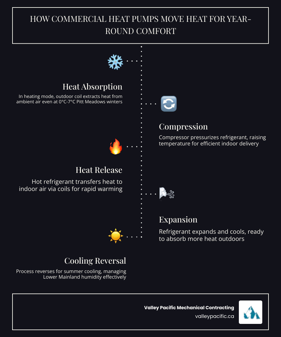 Infographic showing how commercial heat pumps move heat for year-round office comfort in Pitt Meadows BC - commercial heat