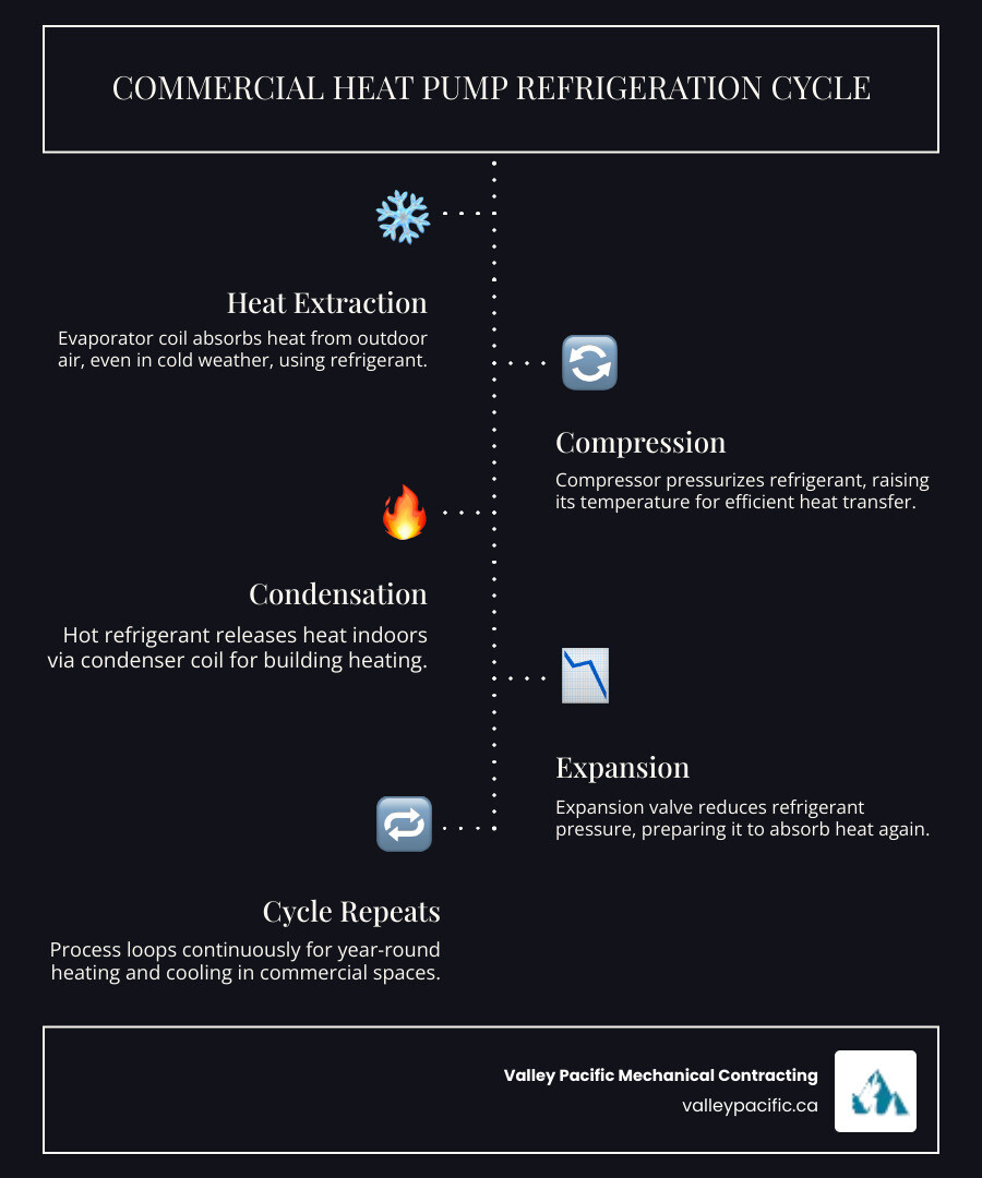 Infographic showing the commercial heat pump refrigeration cycle: heat extraction, compression, heat transfer, and cooling Infographic showing the commercial heat pump refrigeration cycle: heat extraction, compression, heat transfer, and cooling