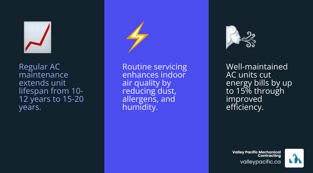 Infographic showing long-term benefits of regular AC maintenance including lifespan, efficiency, and air quality - ac
