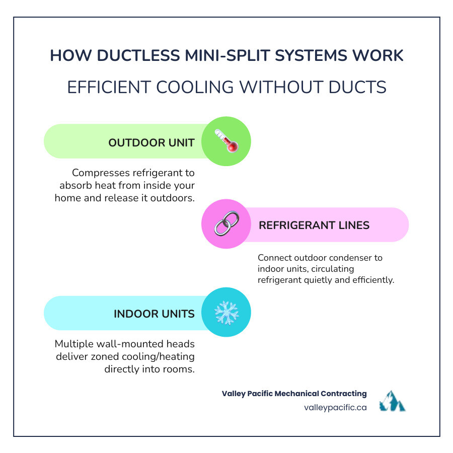 Infographic showing how a ductless mini-split system works with outdoor and indoor units - ductless ac service langley bc
