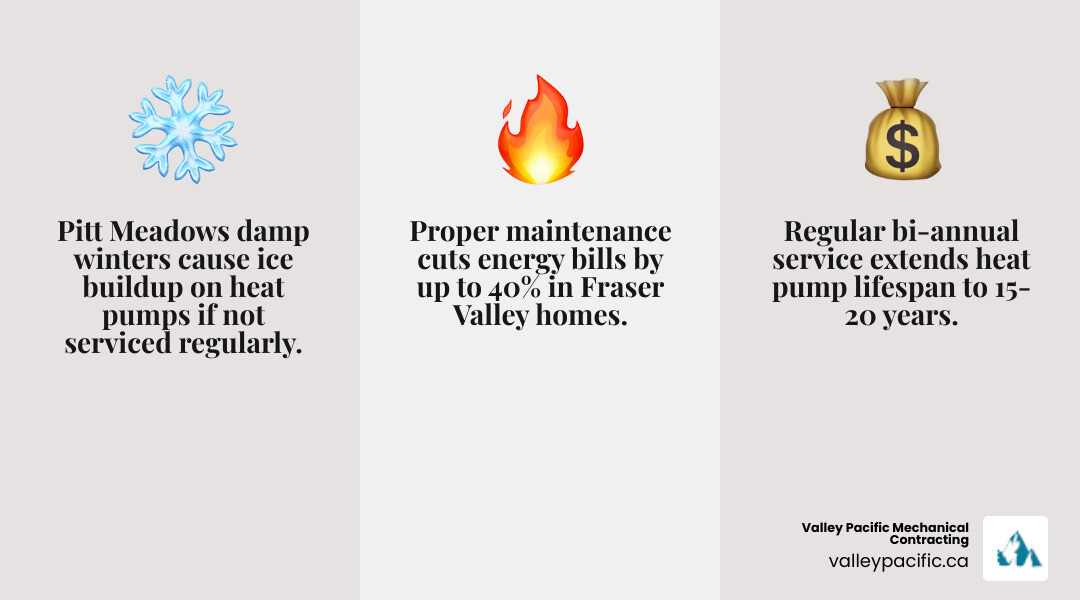 Infographic showing heat pump service schedule, warning signs, lifespan, and energy savings for Pitt Meadows homeowners Infographic showing heat pump service schedule, warning signs, lifespan, and energy savings for Pitt Meadows homeowners