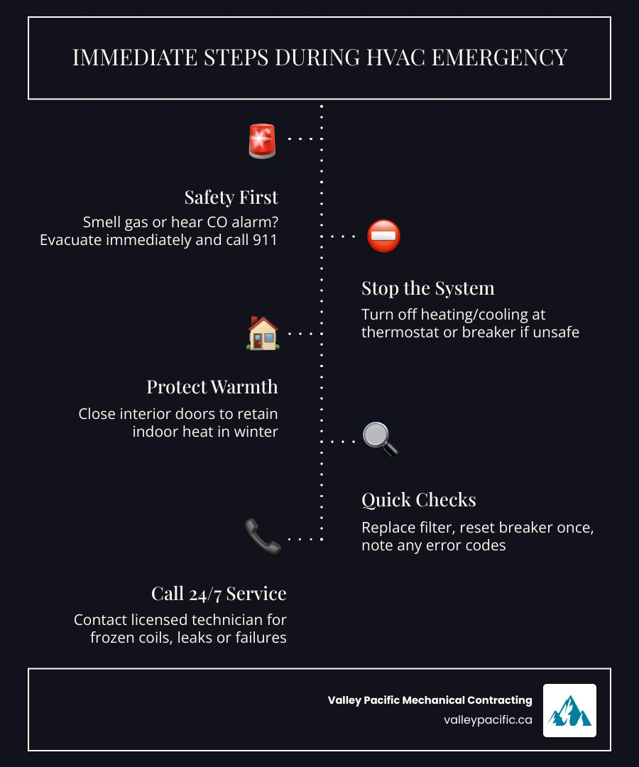 Infographic showing 5 immediate steps during an HVAC emergency for Lower Mainland homeowners infographic Infographic showing 5 immediate steps during an HVAC emergency for Lower Mainland homeowners infographic