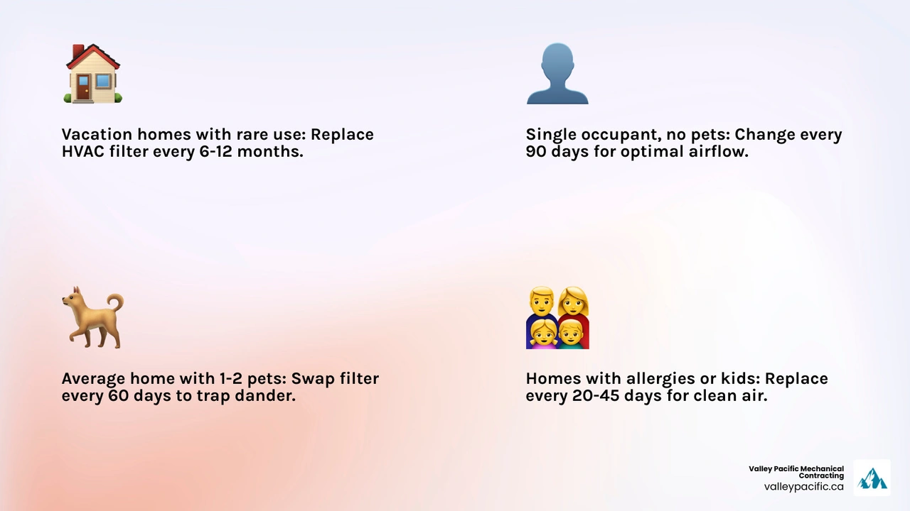 Infographic showing HVAC air filter replacement schedule by filter type and household conditions - how often should you Infographic showing HVAC air filter replacement schedule by filter type and household conditions - how often should you