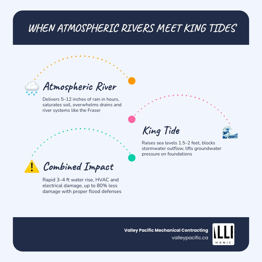 Infographic showing how atmospheric rivers and king tides combine to flood Lower Mainland homes infographic Infographic showing how atmospheric rivers and king tides combine to flood Lower Mainland homes infographic