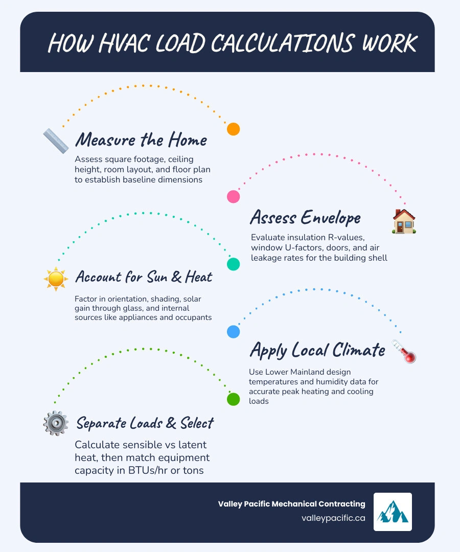 Infographic showing the 9 steps of an HVAC load calculation from measuring the home to selecting equipment infographic Infographic showing the 9 steps of an HVAC load calculation from measuring the home to selecting equipment infographic