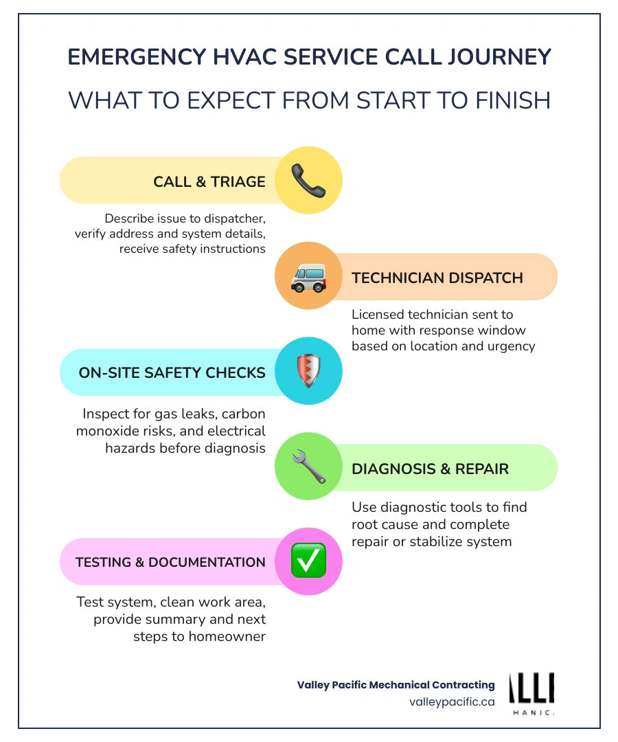 5-step emergency HVAC service call journey from initial call to post-repair documentation infographic 5-step emergency HVAC service call journey from initial call to post-repair documentation infographic