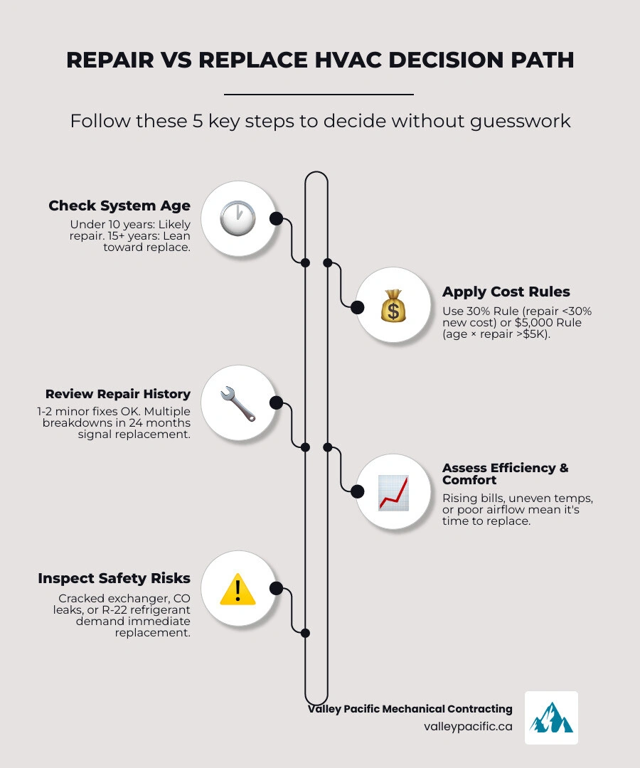 Infographic showing the repair vs replace HVAC decision path based on system age, repair cost percentage, and breakdown