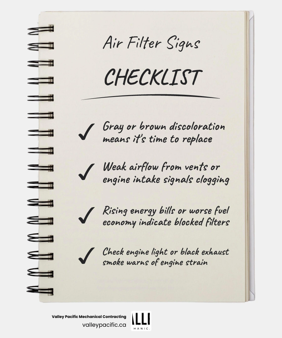 Infographic showing 9 signs your air filter needs changing with HVAC and vehicle categories infographic