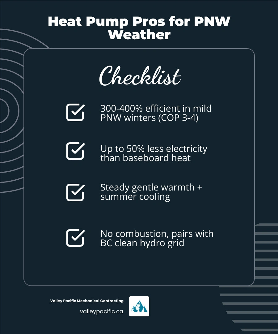 Infographic showing heat pump pros and cons for Pacific Northwest weather with efficiency ratings, cold-snap performance Infographic showing heat pump pros and cons for Pacific Northwest weather with efficiency ratings, cold-snap performance