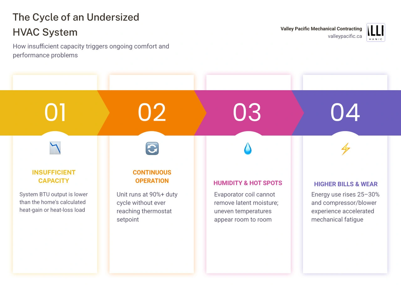 Infographic showing the cycle of an undersized HVAC system: insufficient capacity leads to continuous operation, humidity Infographic showing the cycle of an undersized HVAC system: insufficient capacity leads to continuous operation, humidity