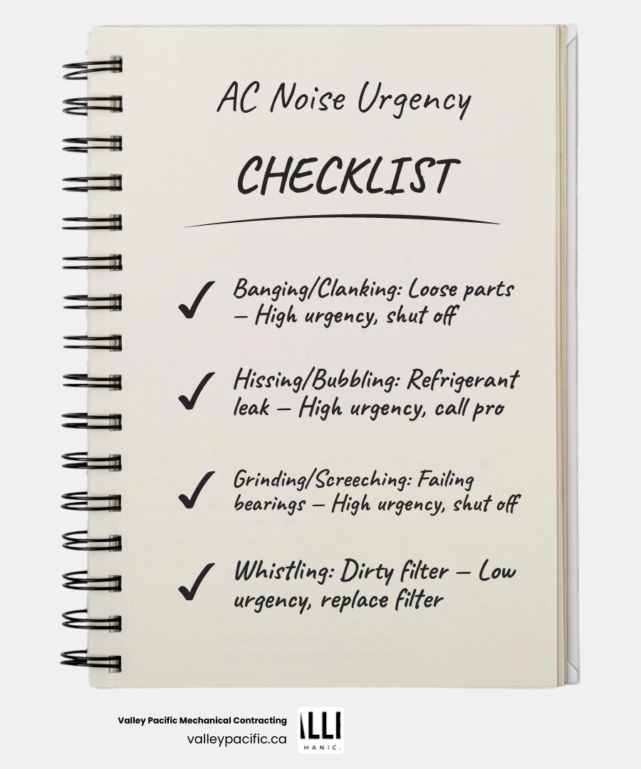 infographic showing common AC noises normal vs abnormal causes and urgency levels infographic infographic showing common AC noises normal vs abnormal causes and urgency levels infographic