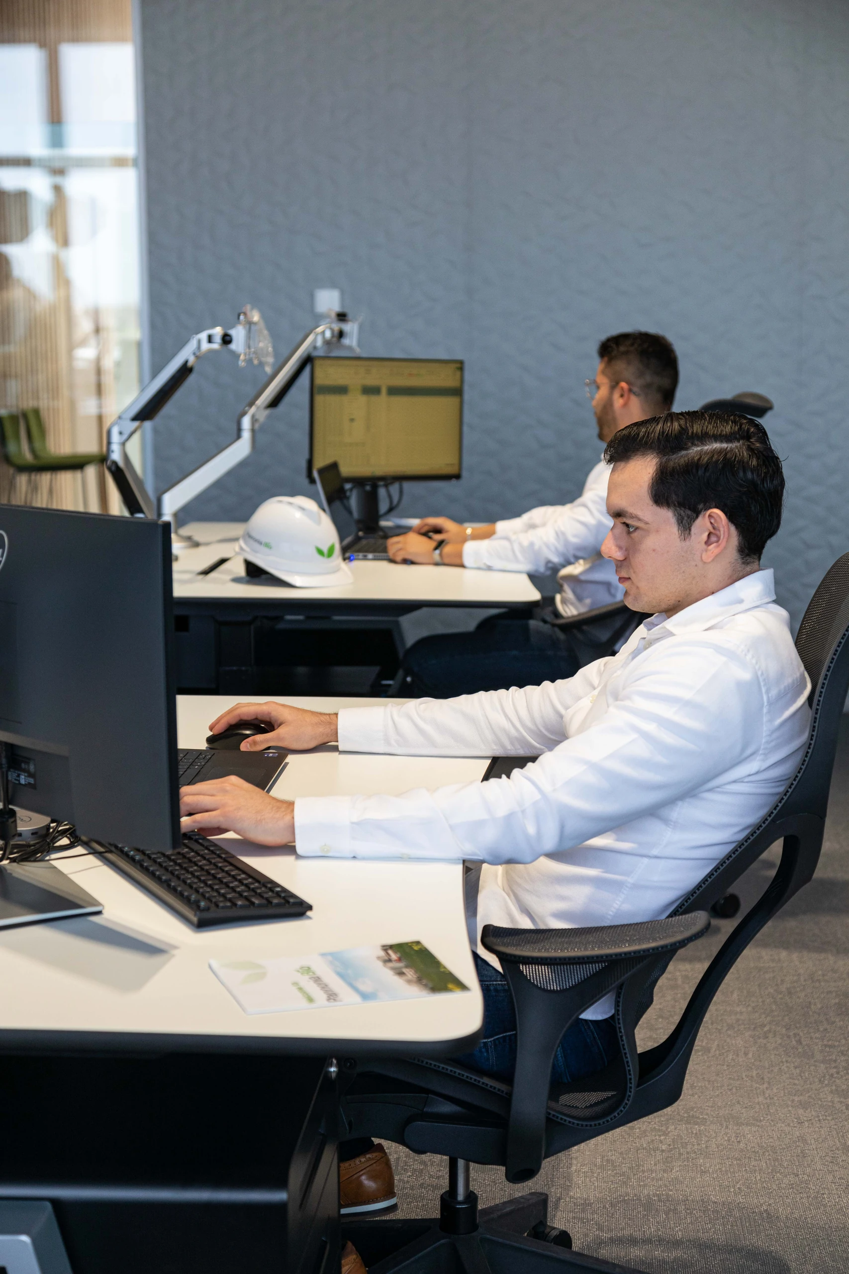 Two colleagues working at computers in the Pannonia Bio office