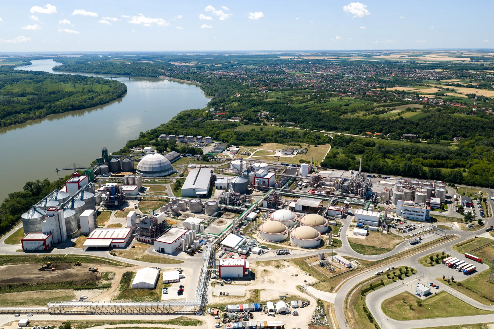 Aerial view of the Pannonia Bio plant beside the Danube