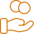 Orange line icon of an open hand with two floating coins above it on a white background.