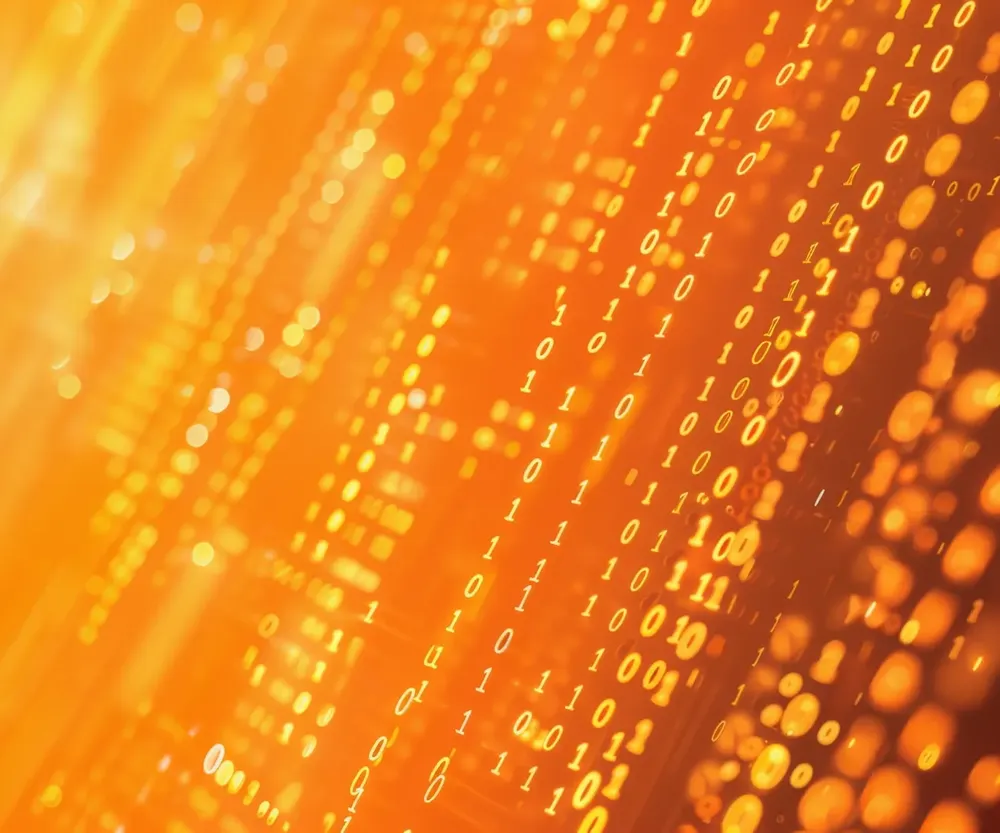 Orange digital background with vertical columns of glowing binary code ones and zeros.