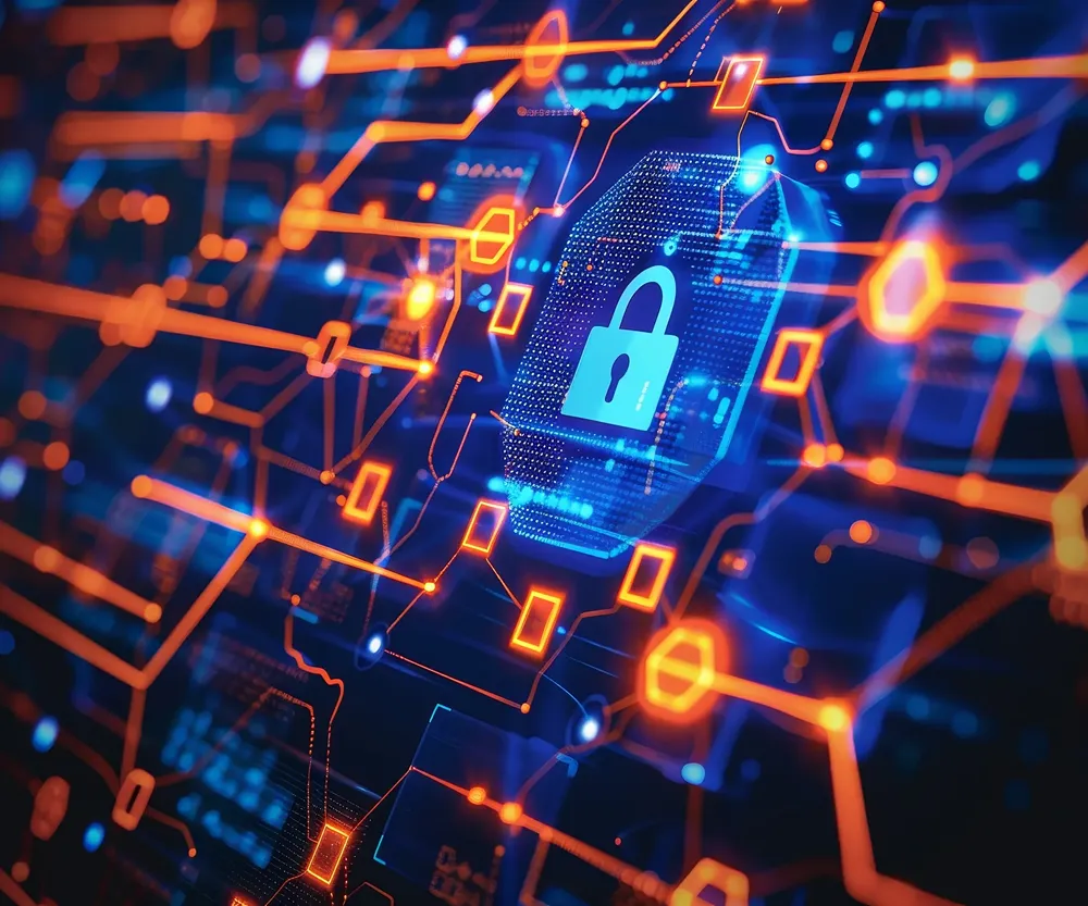 Digital padlock icon symbolizing cybersecurity and data protection, surrounded by glowing orange circuit lines on a blue high-tech background.