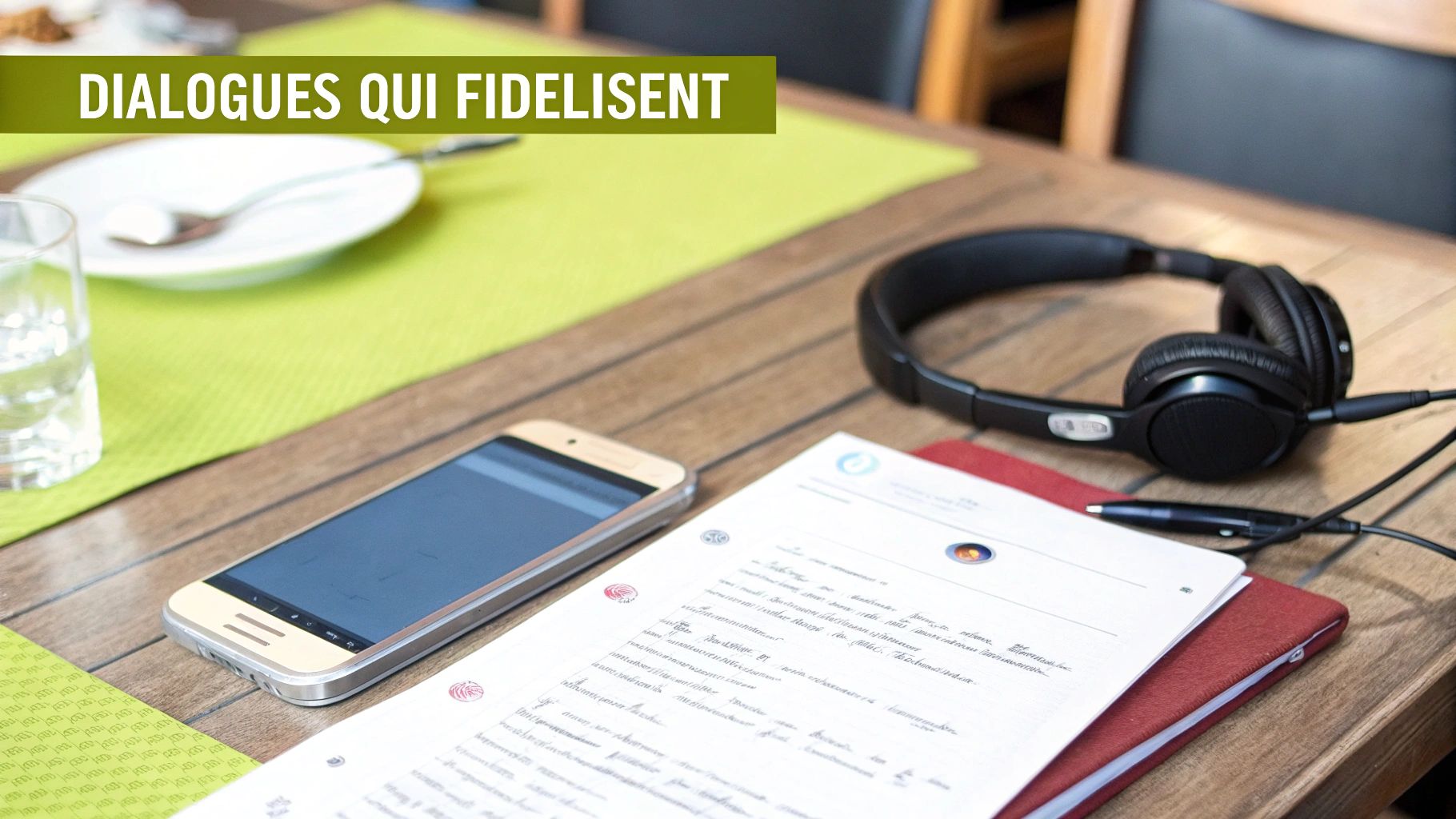 Smartphone, casque audio et documents sur table pour dialogues de fidélisation client en restauration