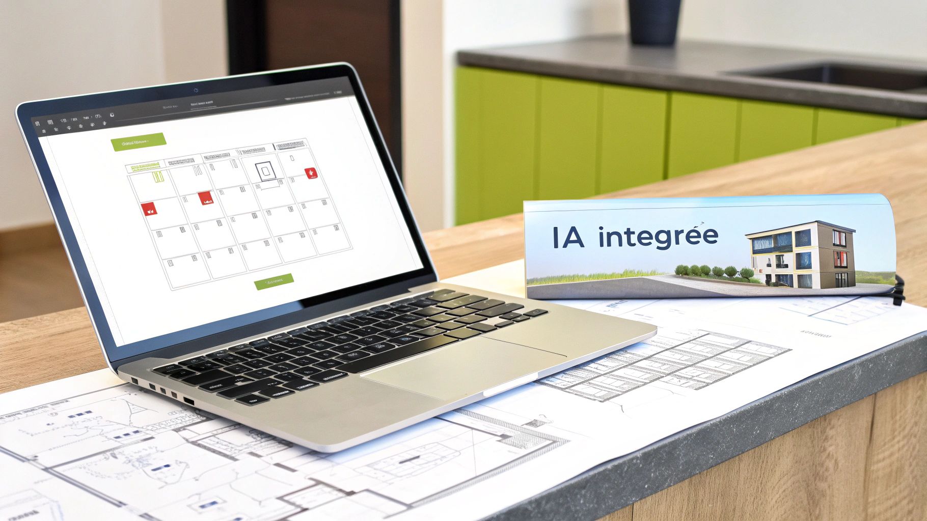 Ordinateur portable affichant un calendrier de réservation avec maquette d'immeuble IA intégrée sur bureau