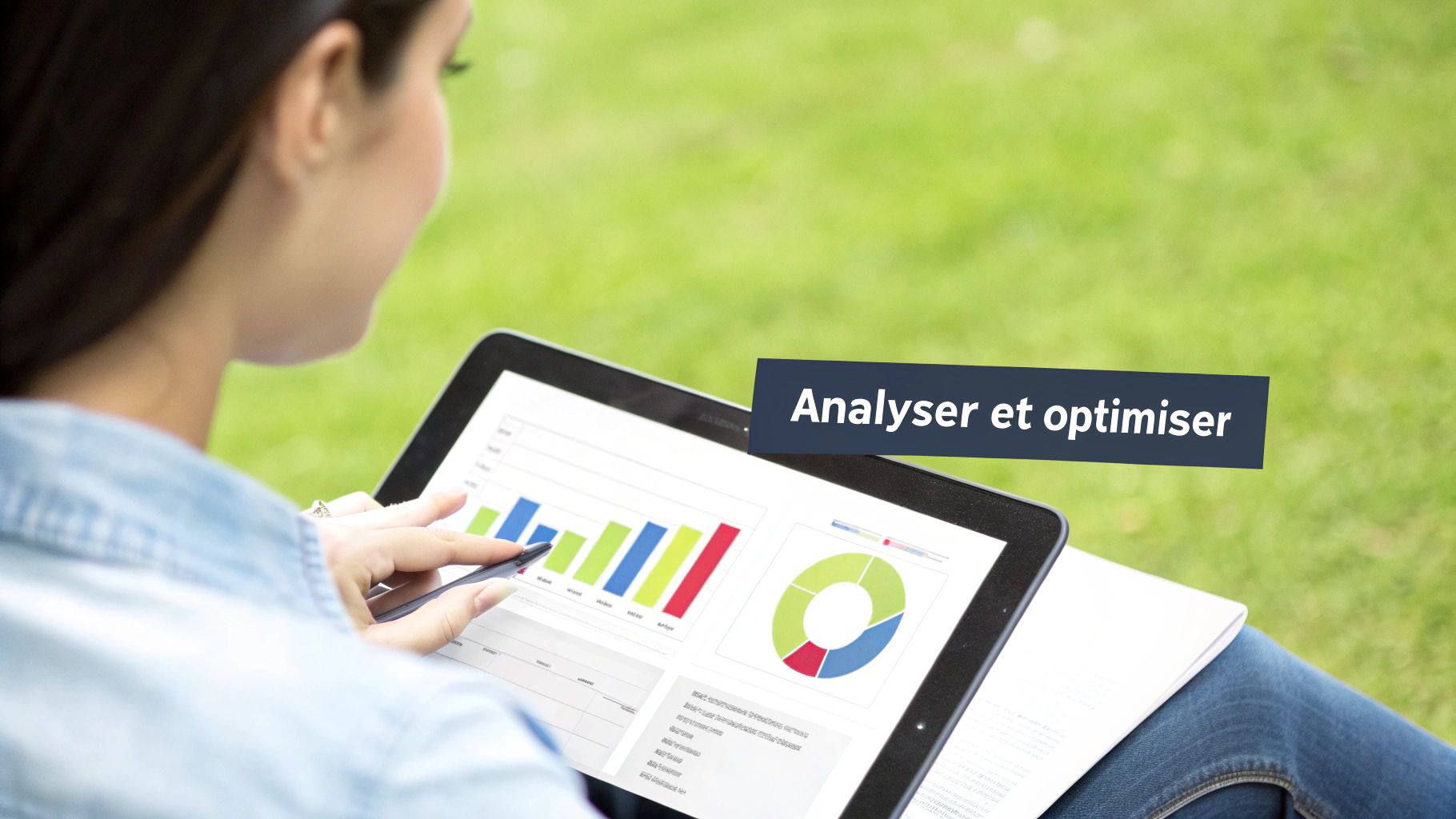Femme analysant des graphiques et statistiques colorés sur une tablette numérique en extérieur