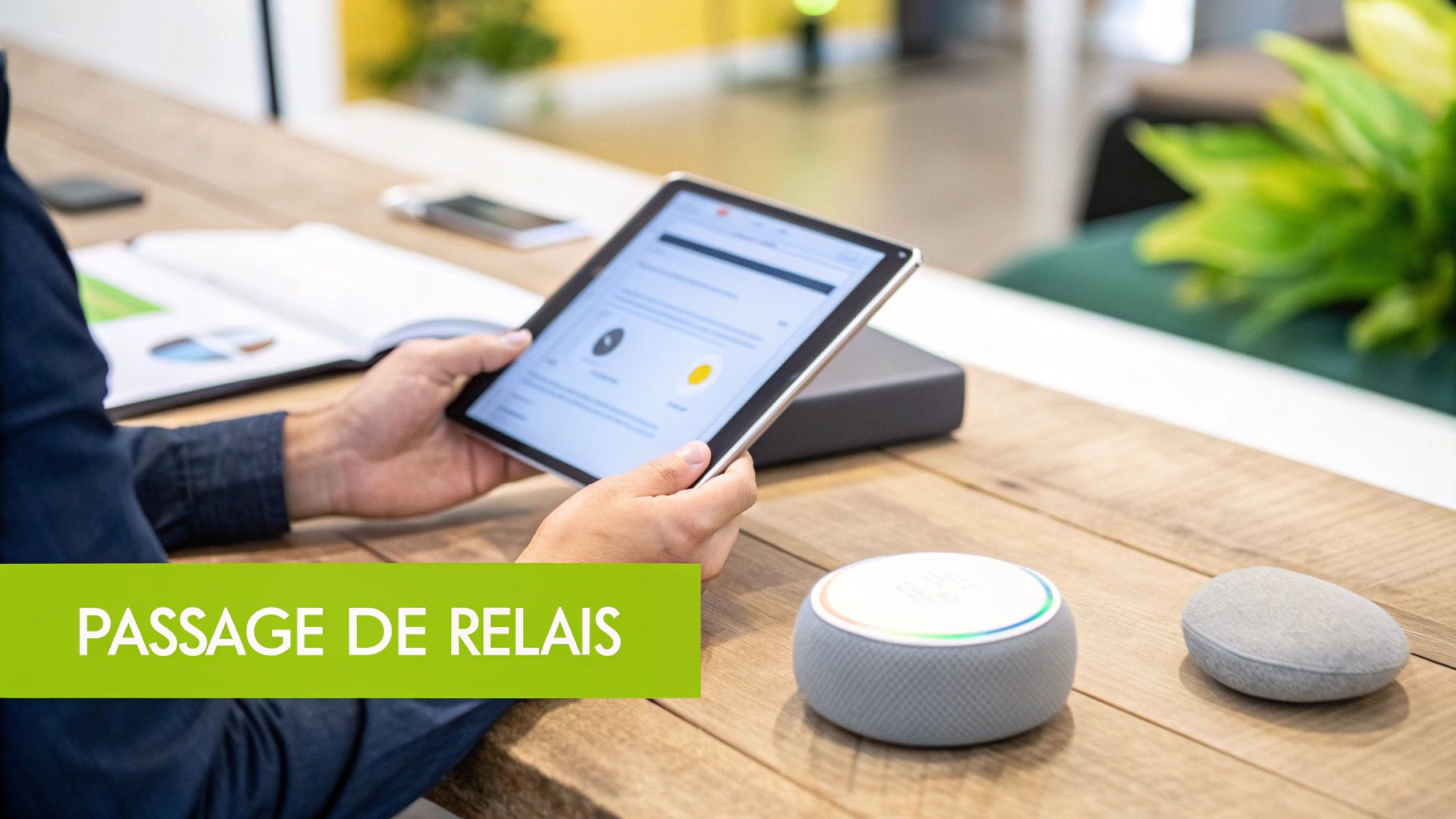 Personne utilisant une tablette pour contrôler des appareils domotiques intelligents sur un bureau en bois