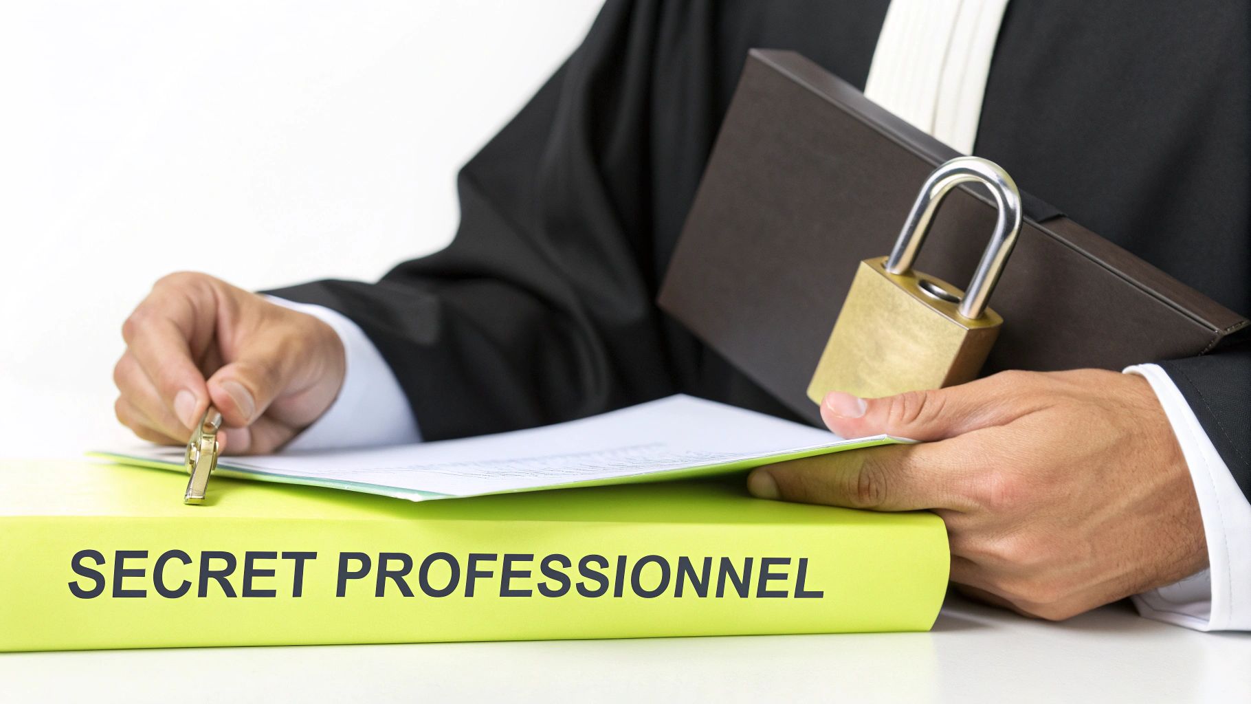 Un avocat tient une clé et un cadenas, symbolisant le secret professionnel, à côté d'un dossier.