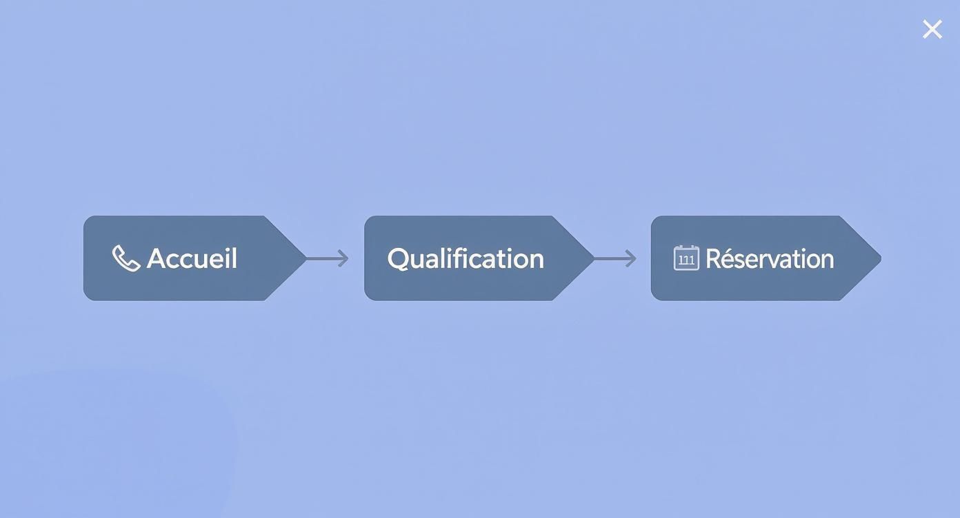 Visualisation des étapes du processus de prise de rendez-vous : accueil, qualification et réservation avec des icônes.