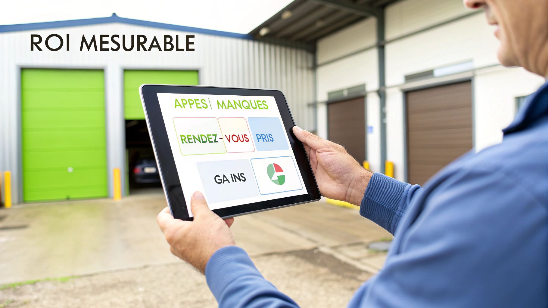 Un homme utilise une tablette affichant des données de performance et de rendez-vous devant des garages, illustrant un ROI mesurable.