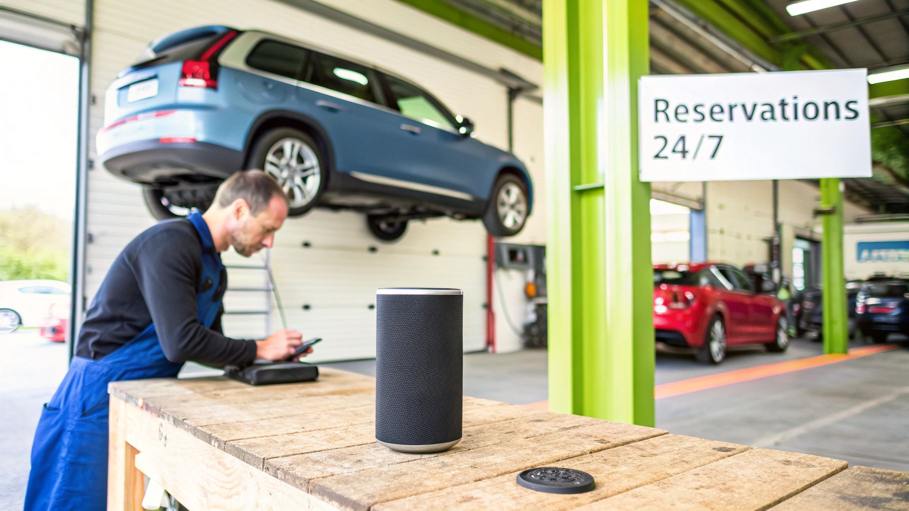 Mécanicien utilisant un smartphone dans un garage moderne, avec une voiture levée et un assistant vocal sur la table.