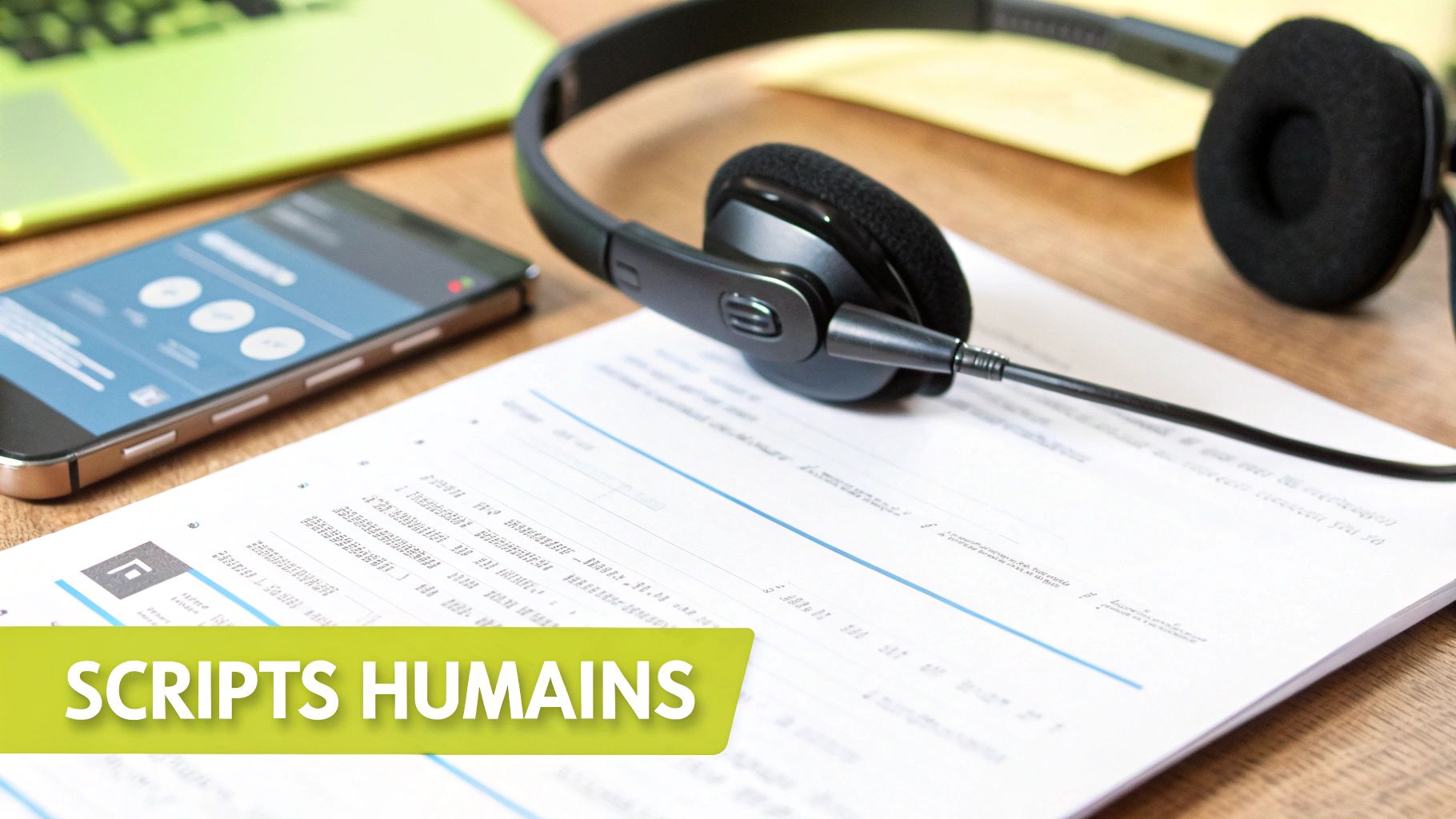 Casque audio, smartphone avec interface d'appel et documents sur un bureau, évoquant un service client ou de transcription.