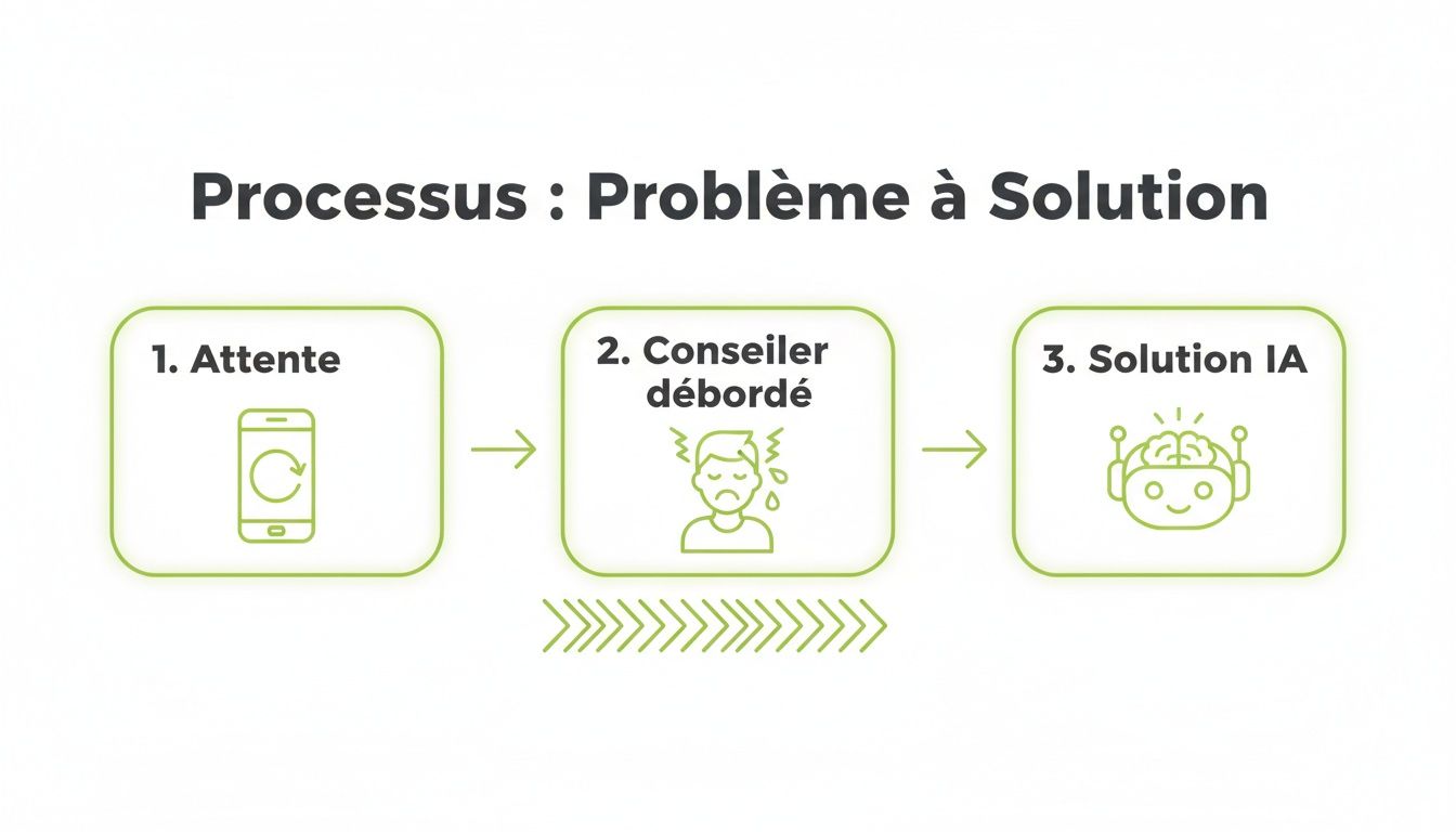 Diagramme illustrant un processus : de l'attente et un conseiller débordé à une solution d'intelligence artificielle efficace.